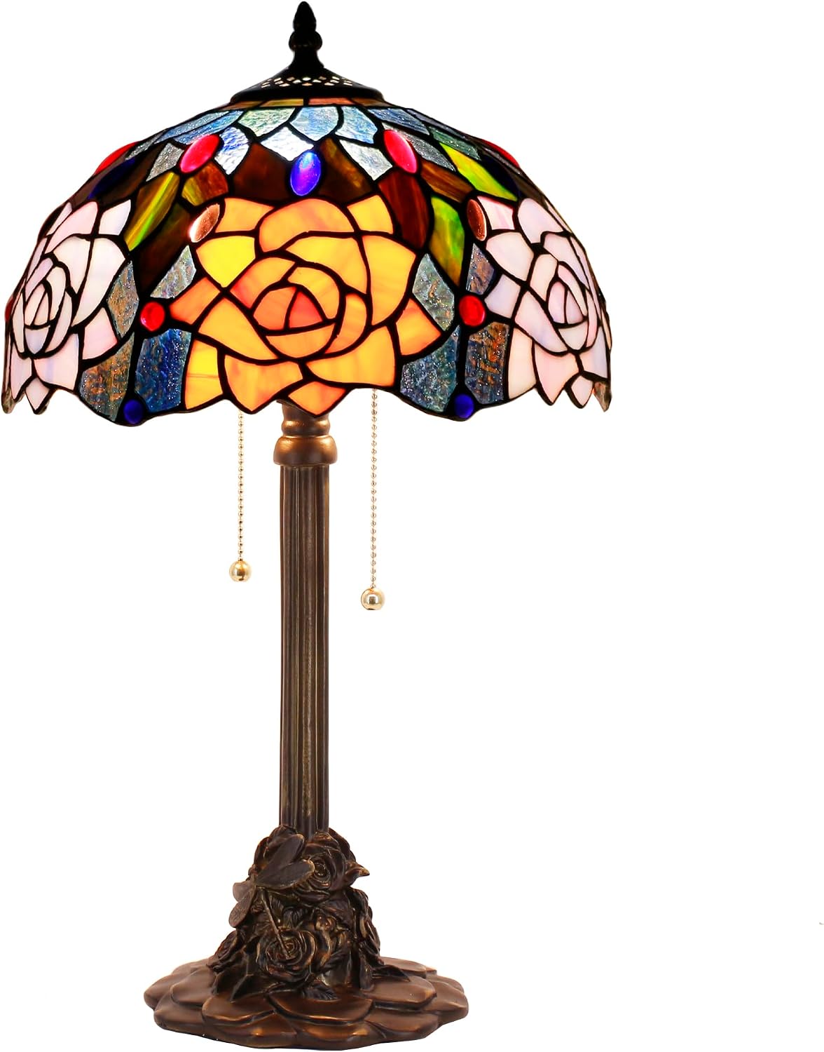 Tiffany Table Lamp Stained Glass Desk Lamp 12X12X21Inch Resin Base for Bedroom Living Room Reading Light (Purple Orange Rose Flower)
