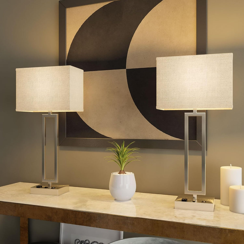 LEDMyPlace 28' Bedside Table Lamp w/ USB Port, On/Off Switch—E26 Lamp Holder—Brushed Nickel Finish & Fabric Linen Shade—Nightstand, Desk Lamp for Bedroom, Living Room, Office, Hotel Room—14'Wx28'Hx7'D