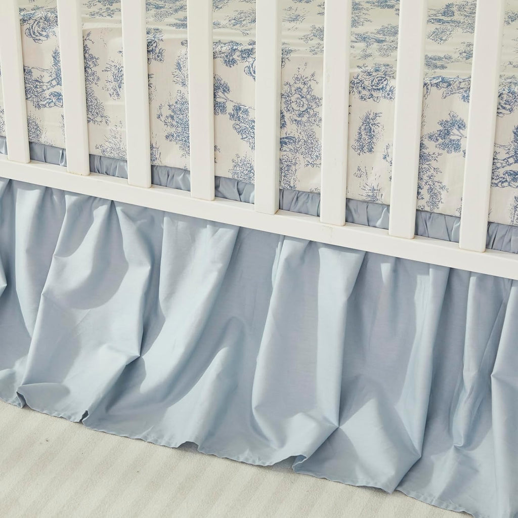 Brandream French Country Toile Crib Bedding Set for Girls Vintage Blue Toile Floral Print 100% Cotton Baby Girl Nursery Bedding Collection - Ruffles Quilt,Toile Crib Sheet,Crib Bed Skirt 3 Pieces