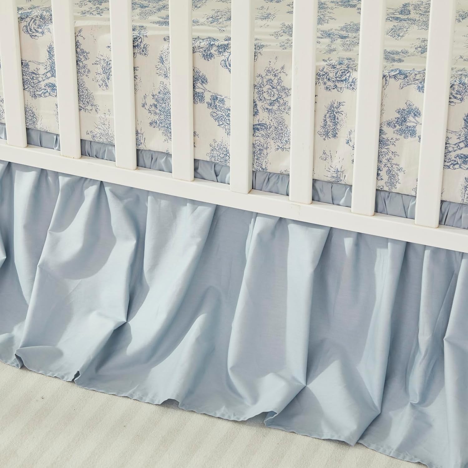 Brandream French Country Toile Crib Bedding Set for Girls Vintage Blue Toile Floral Print 100% Cotton Baby Girl Nursery Bedding Collection - Ruffles Quilt,Toile Crib Sheet,Crib Bed Skirt 3 Pieces