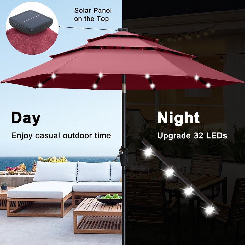 ABCCANOPY 3-Tiers 11FT Solar Patio Umbrella, Outdoor Umbrella with 32 LED Lights for for Deck, Pool, Garden, Backyard (Burgundy)