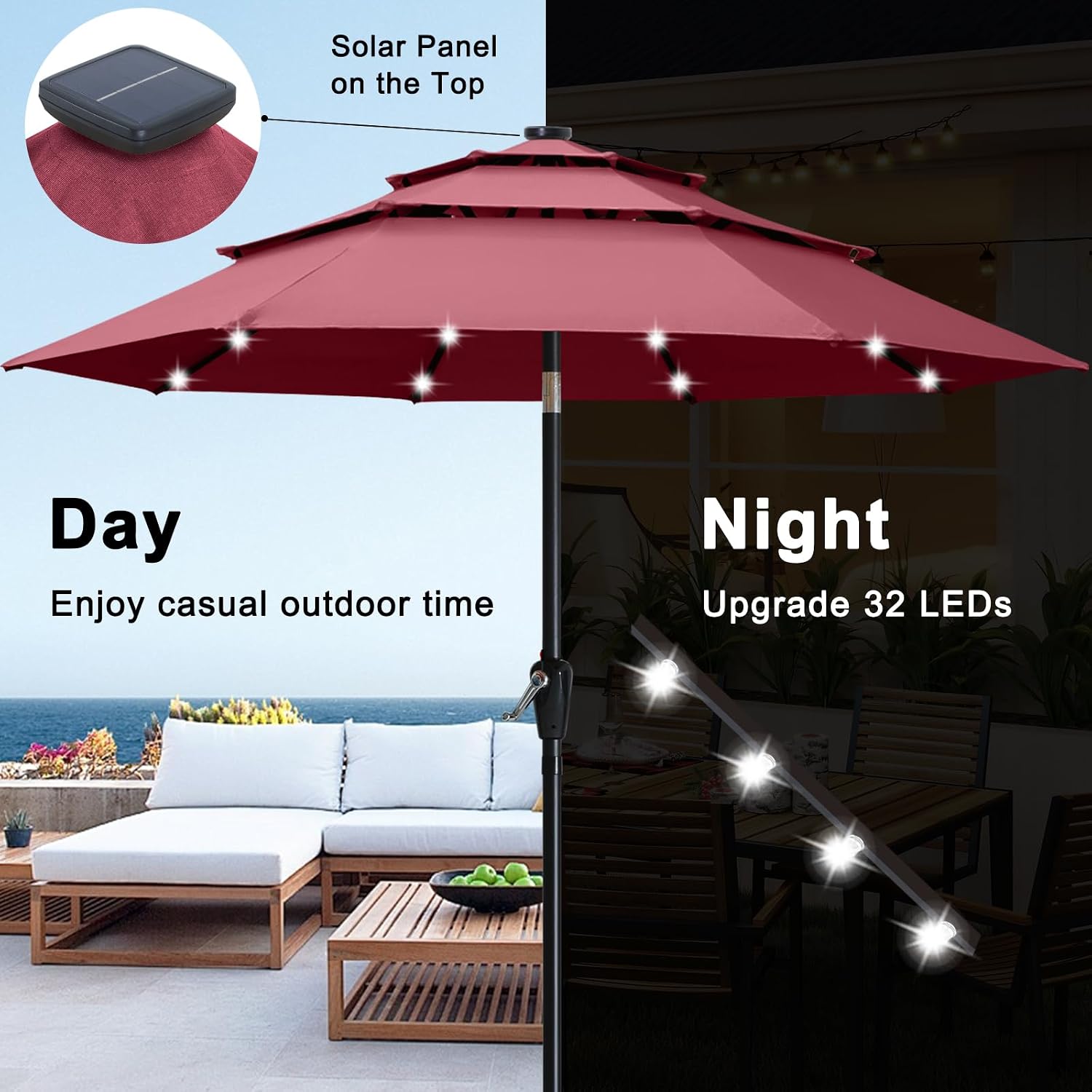 ABCCANOPY 3-Tiers 11FT Solar Patio Umbrella, Outdoor Umbrella with 32 LED Lights for for Deck, Pool, Garden, Backyard (Burgundy)