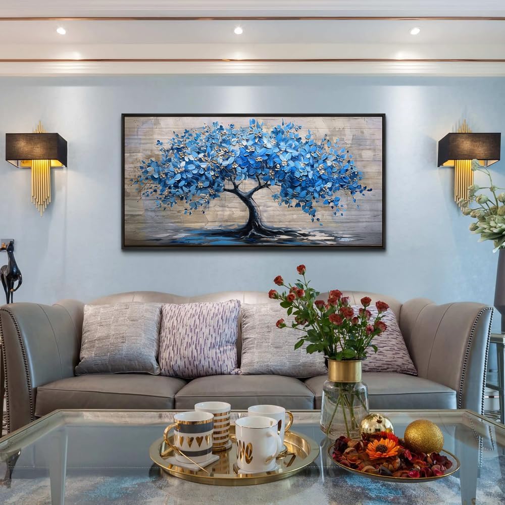 ERQINHUA Large Canvas Wall Art For Living Room Farmhouse Wall Decor For Bedroom Abstract Paintings Blue Tree Wall Pictures Artwork Office Decoration Dormitory Home Decor Black Framed 24x48 Inches