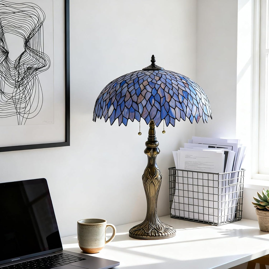 Tiffany Lamp 16' Blue Purple Wisteria Stained Glass Table Lamp for Large Space Vintage Style Antique Bronze Base Desk Light Decorate Bedside Bedroom Living Room Entry Hallway Home Office