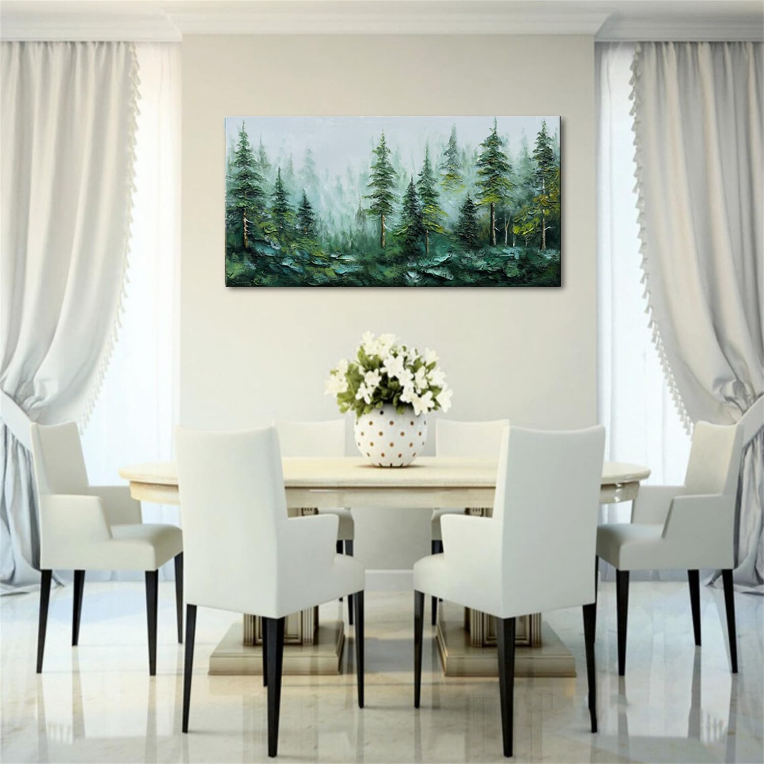 Alenoss Hand Painted Modern 3D Abstract Oil Painting 24x48 Inches Large Forest Landscape Textured Canvas Wall Art Green Artwork for Wall Decoration