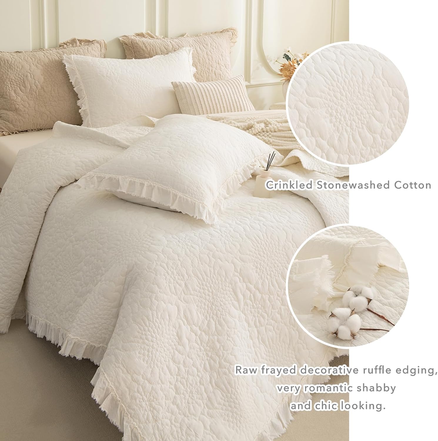 QSH 3PCs Milk White Oversized King Quilt Bedspread Set(120'x120'),Stonewashed Cotton Ruffled Quilt California King,Ultra Soft Lightweight Crinkled Shabby Bedspread Coverlet Bedding Set for All Seasons