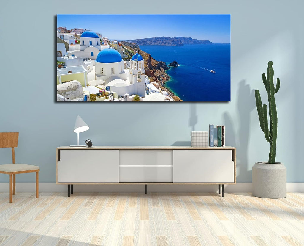 OKEXCKK Large Canvas Print Wall Art Santorini in Greece Painting Wall Decor, Blue Coastal Landscape Coastal Artwork Seascape Pictures for Living Room, Bedroom, Office Decoration - 29'x58'