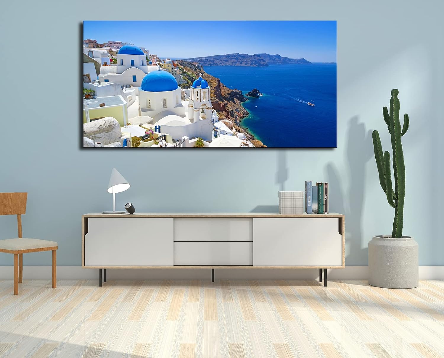 OKEXCKK Large Canvas Print Wall Art Santorini in Greece Painting Wall Decor, Blue Coastal Landscape Coastal Artwork Seascape Pictures for Living Room, Bedroom, Office Decoration - 29'x58'