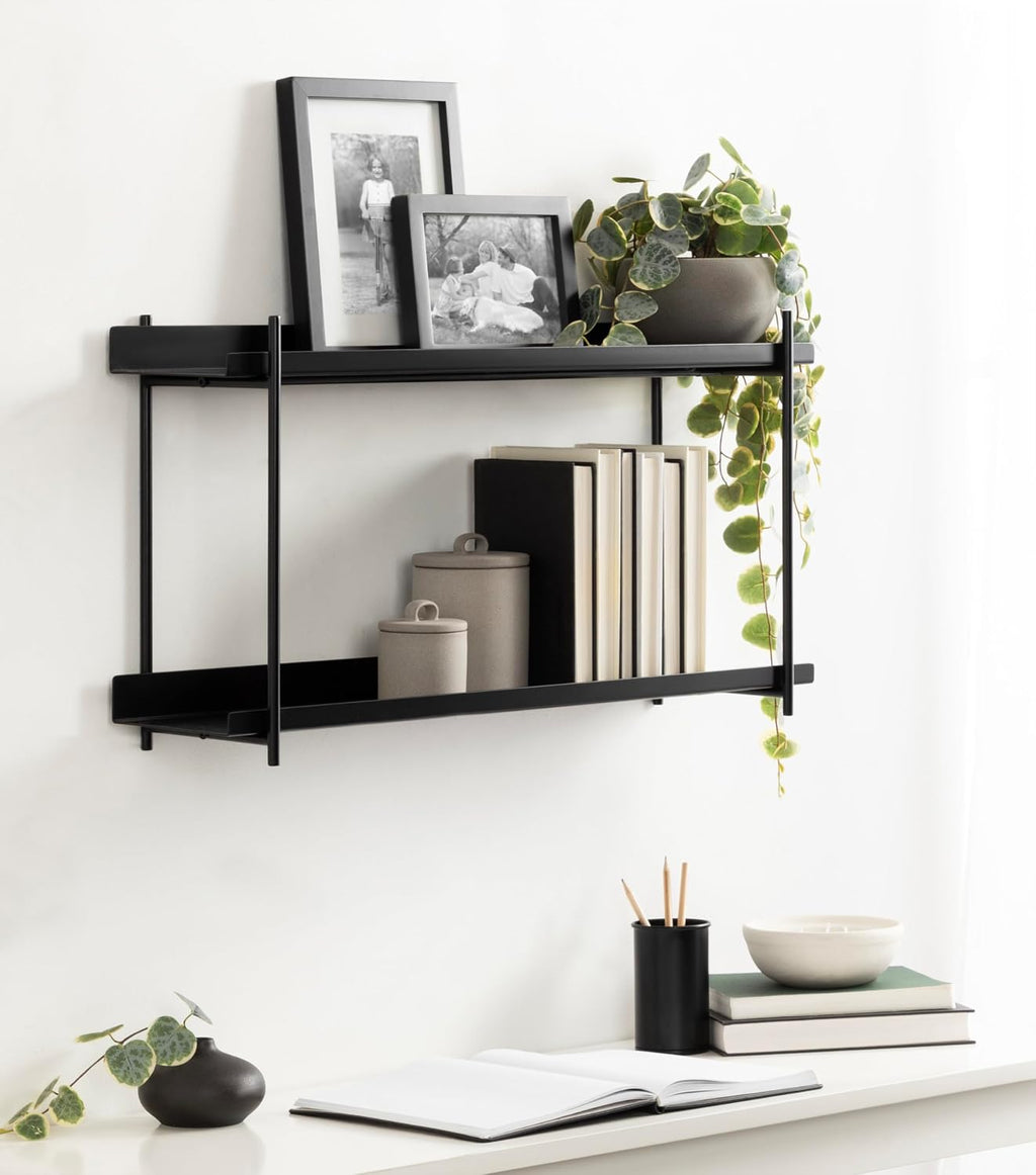 Kate and Laurel Dominic Modern Metal Bathroom Shelf; 28 x 7 x 15; Black; Contemporary Sleek 2-Tier Floating Shelves for Wall Decor; Display; and Over Toilet Storage
