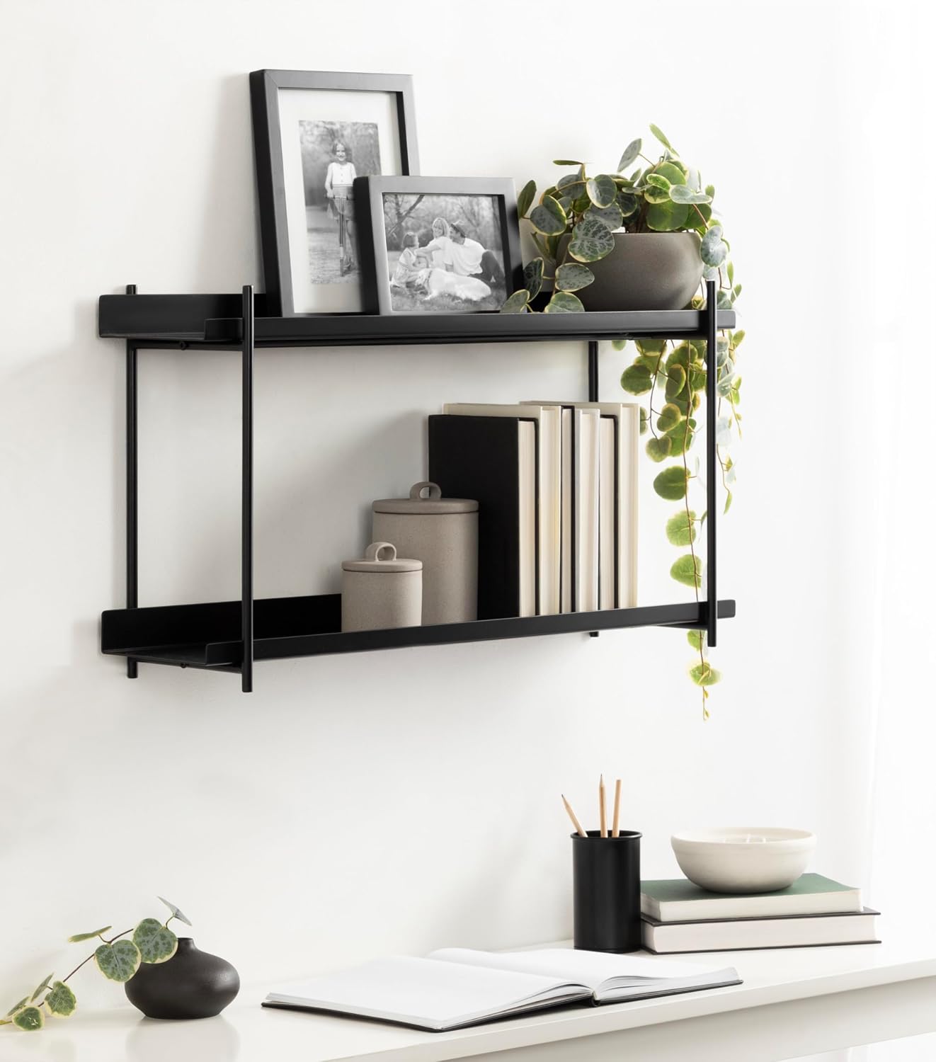 Kate and Laurel Dominic Modern Metal Bathroom Shelf; 28 x 7 x 15; Black; Contemporary Sleek 2-Tier Floating Shelves for Wall Decor; Display; and Over Toilet Storage