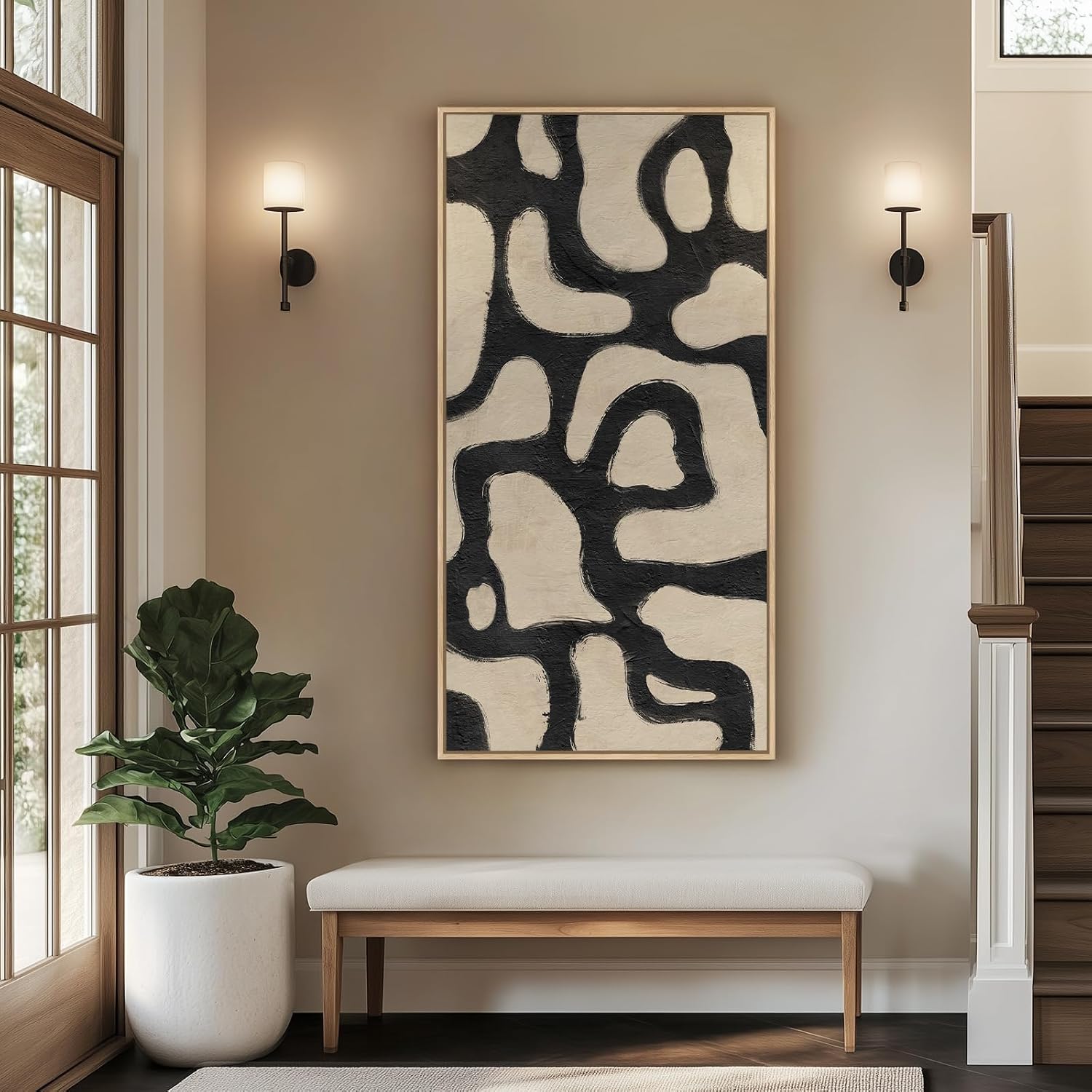 Framed Extra Large Abstract Wall Art for Living Room, Neutral Black and Beige Modern Painting Print, Mid Century Minimalist Horizontal Canvas Artwork for Dining Room Bedroom Hallway Office Wall Decor