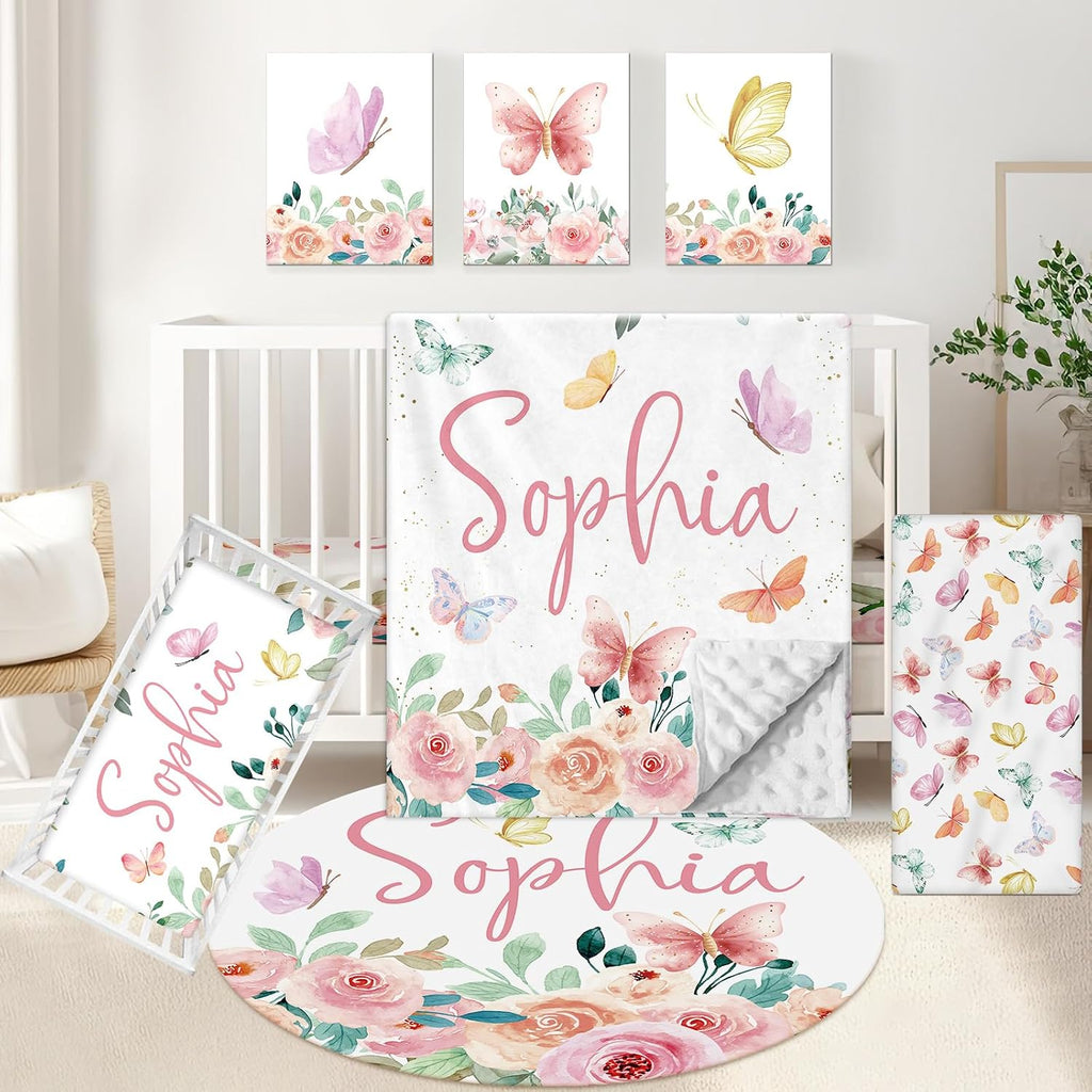KAINSY Personalized Crib Set, 5 Pcs Custom Baby Crib Sets with Name, Double Layer Butterfly Nursery Bedding Set for Girls, Soft Flannel Bedding Set, Toddler Infant Customized Gift
