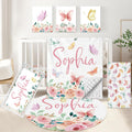 KAINSY Personalized Crib Set, 5 Pcs Custom Baby Crib Sets with Name, Double Layer Butterfly Nursery Bedding Set for Girls, Soft Flannel Bedding Set, Toddler Infant Customized Gift