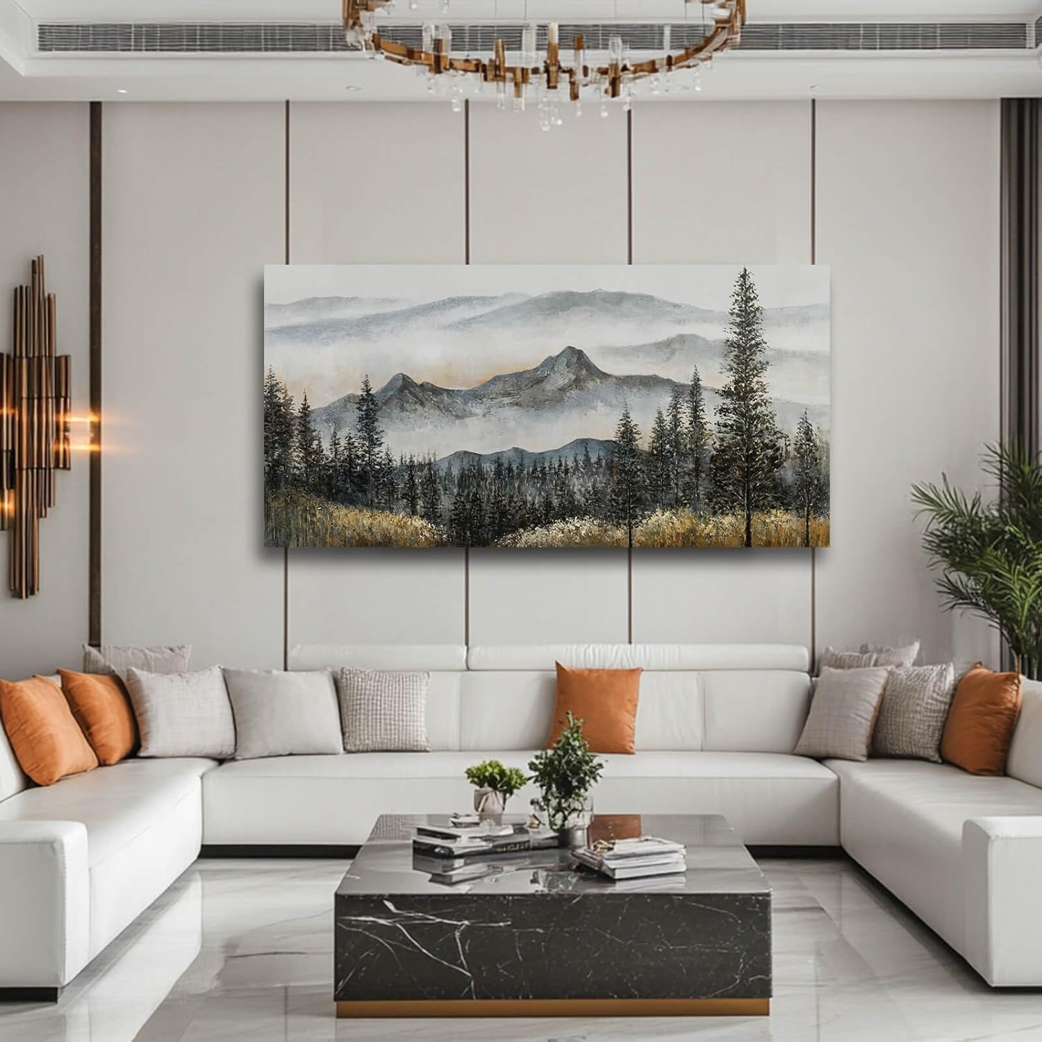 Foggy forest Wall Decor,Framed Canvas Wall Art, Large Artwork Green Mountain Pictures Boho Pine Tree Wall Painting Mountains Landscape Art for Home Living Room Office 29'x58'