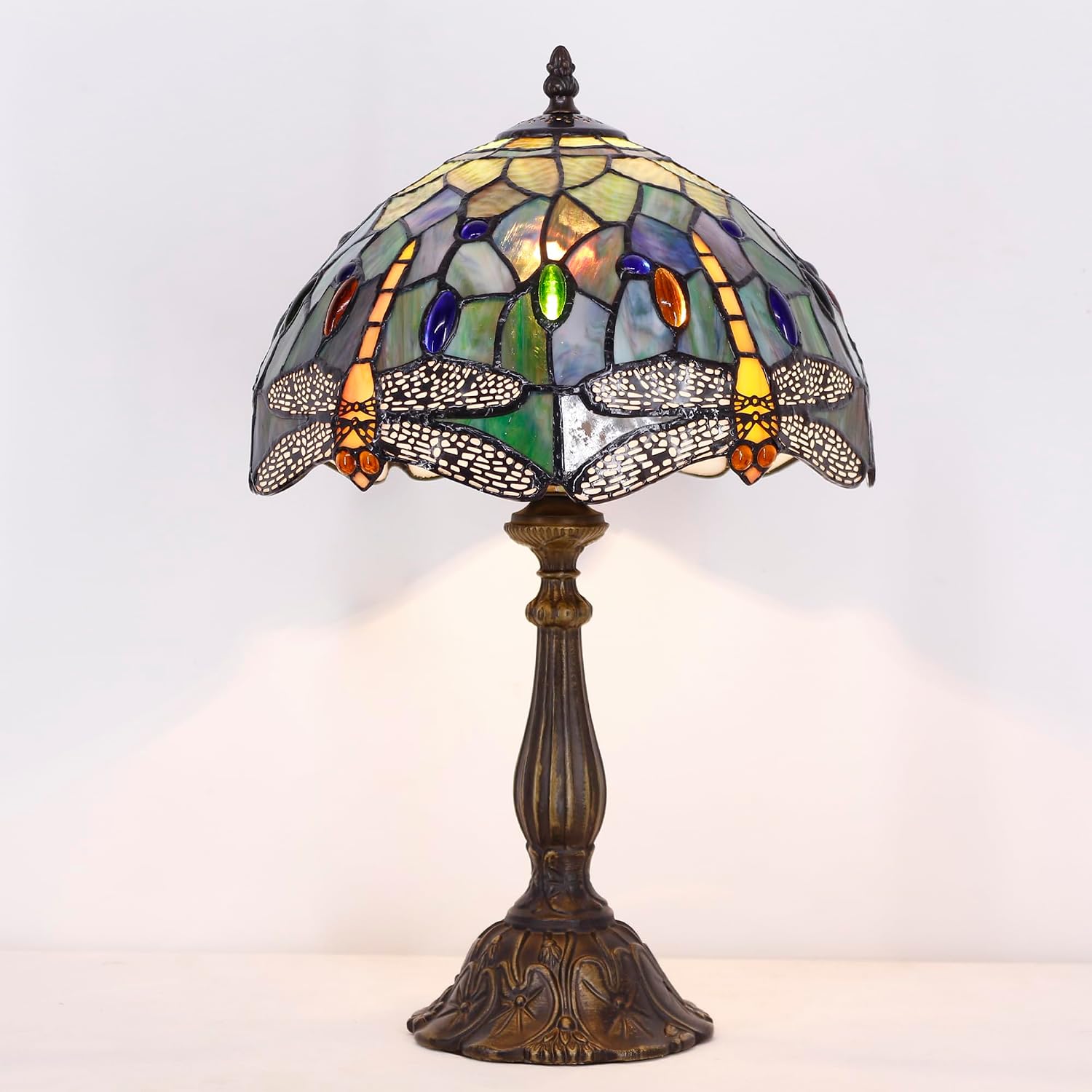 Tiffany Lamp Touch Control Table Lamp Brown Yellow Stained Glass Desk Lamp 12X12X19 Inches Dragonfly Style Reading Light