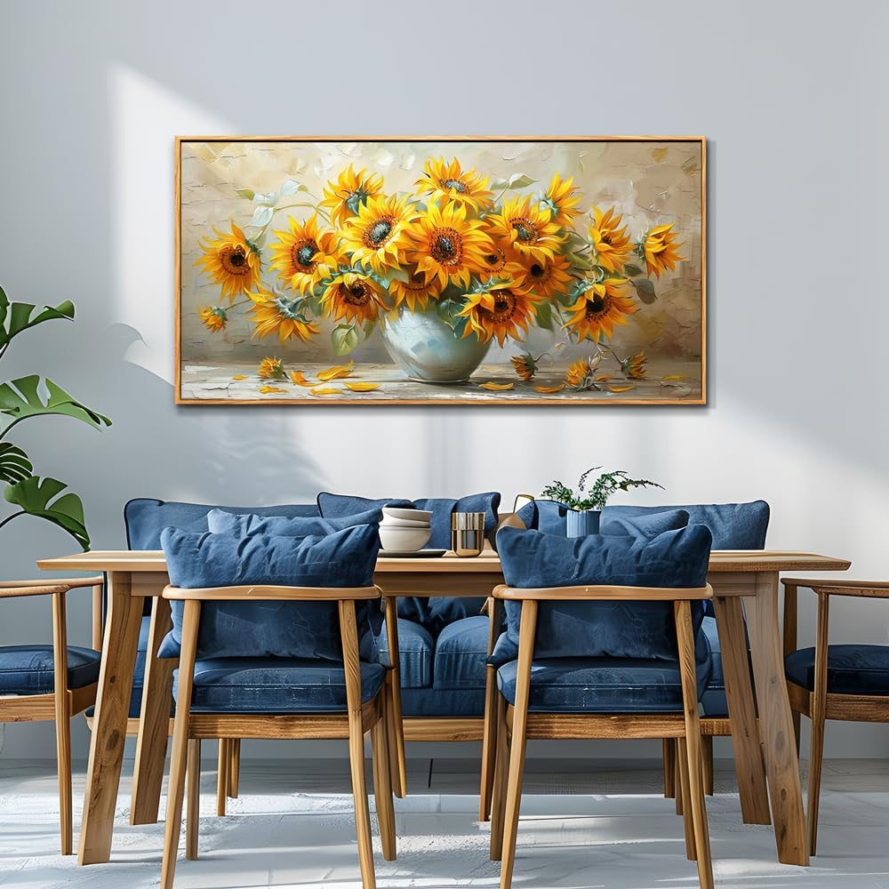 PHAOHUAXM Large Canvas Wall Decor For Living Room Wall Art Vintage Printing Yellow Flower Paintings Dining Room Bedroom Bathroom Kitchen Wall Painting Home Decor Wood Frame Ready To Hang 24x48 In