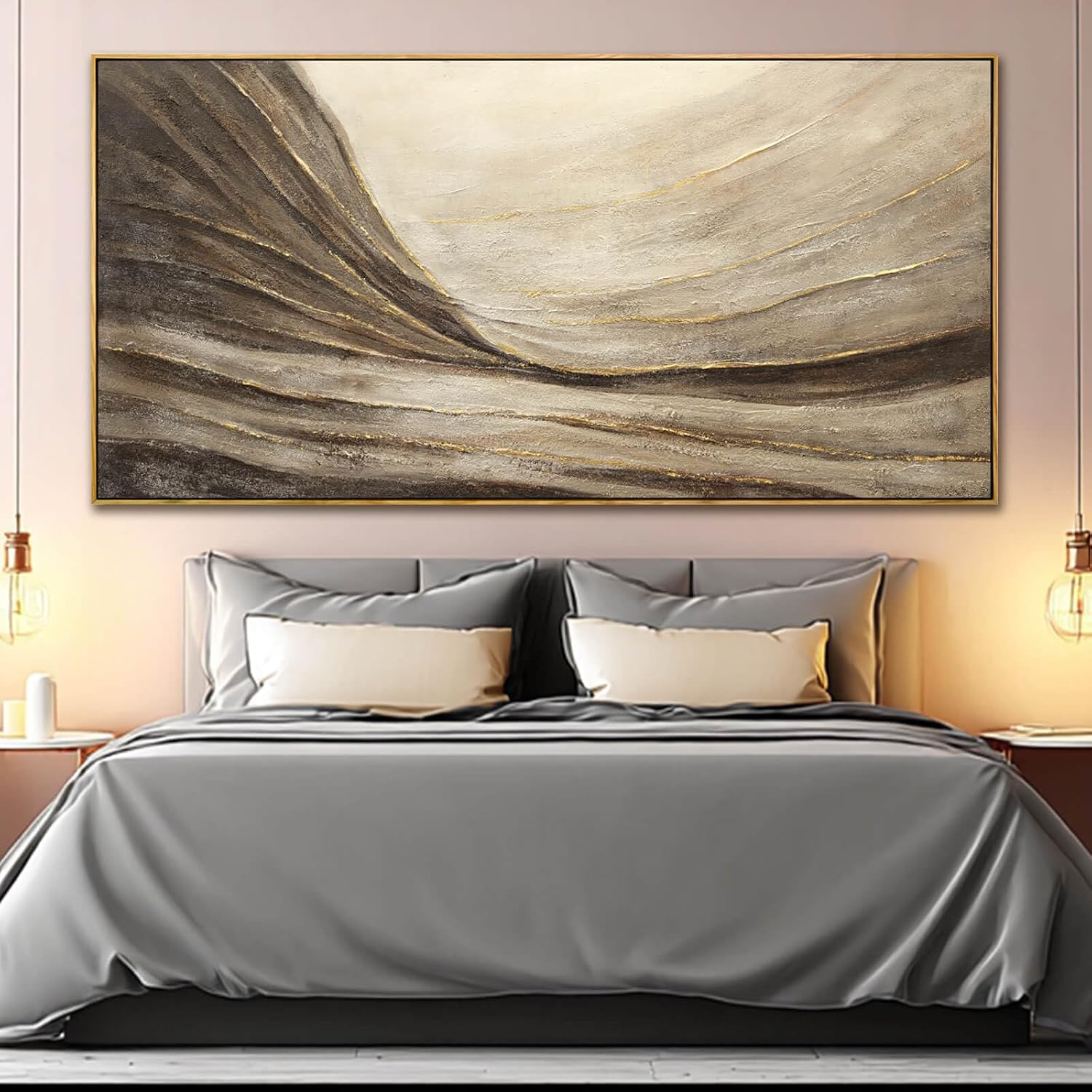 Textured Abstract Wall Decor with Framed Brown Canvas Art Gold Accents Modern Large Artwork for Bedroom Living Room 29x58 Inch