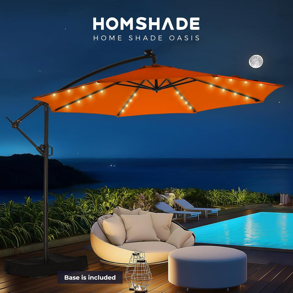 HOMSHADE 10ft Solar Lights Offset Cantilever Patio Umbrella - with Light and Base, LED Lighted Offset Hanging Patio Outdoor Market Umbrella UPF50+ UV Protection with Easy Tilt and Crank (Neon Orange)
