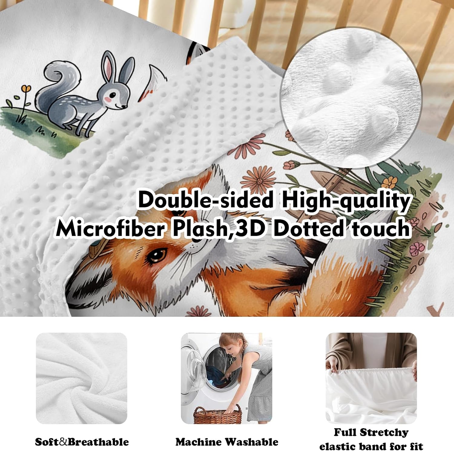 Personalized Crib Bedding Set for Baby Girls, Custom Name Baby Crib Sets 5-Pcs - Toddler Double Layer Blanket Fitted Sheet Changing Pad Cover Rug Wall Art Set, Fox Theme Nursery Décor