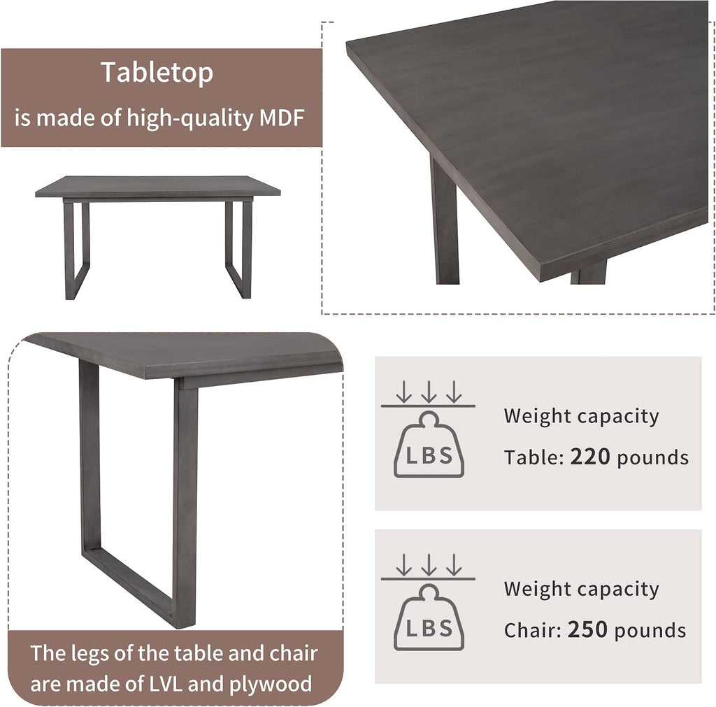 6 Piece Kitchen Dining Table Set with Rectangular Table and Comfortable Cushioned Seat, Farmhouse Rustic Wood Dining Room Set for 4-6 Persons, Dining Set for Family (Gray-1)