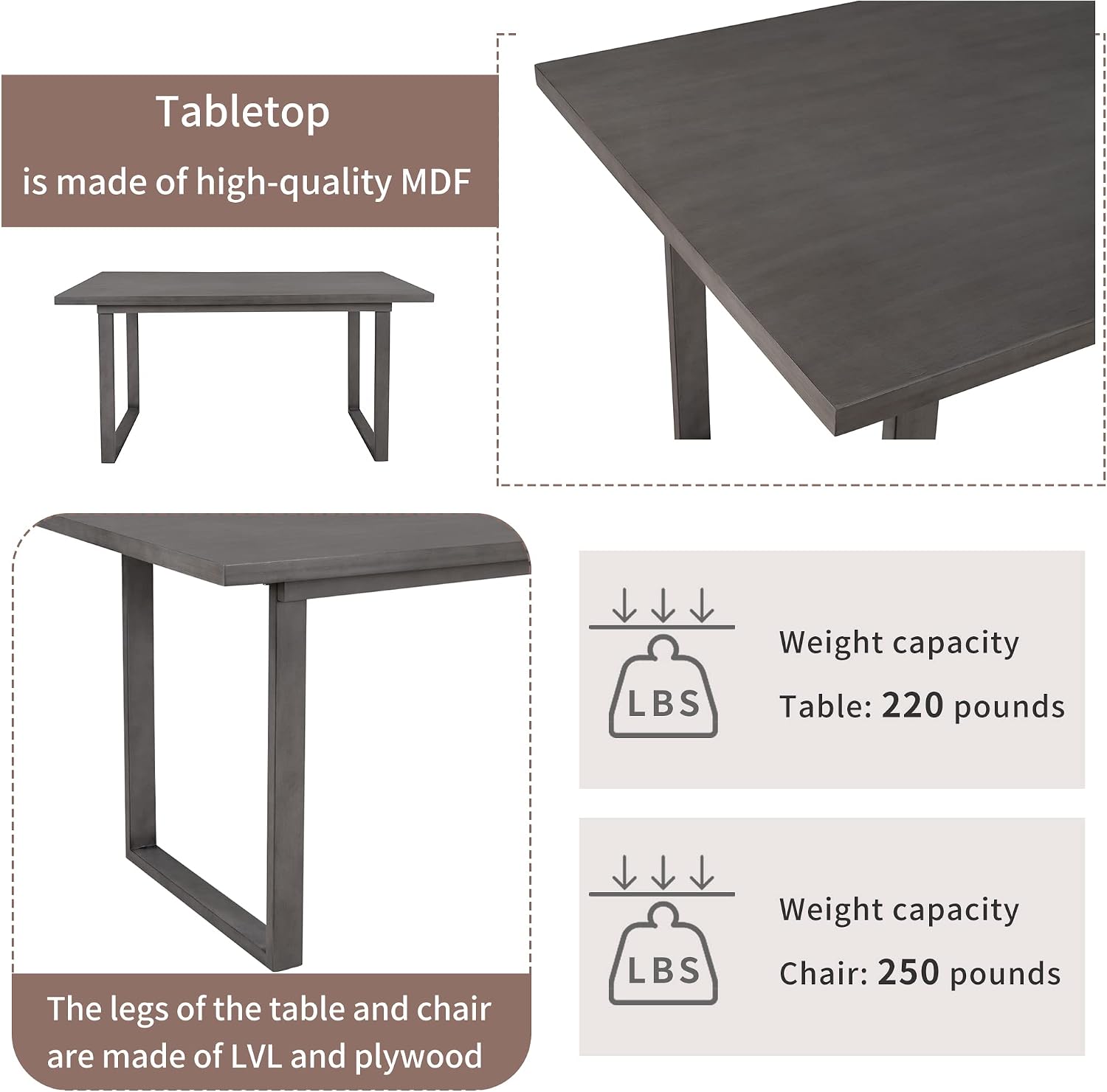 6 Piece Kitchen Dining Table Set with Rectangular Table and Comfortable Cushioned Seat, Farmhouse Rustic Wood Dining Room Set for 4-6 Persons, Dining Set for Family (Gray-1)