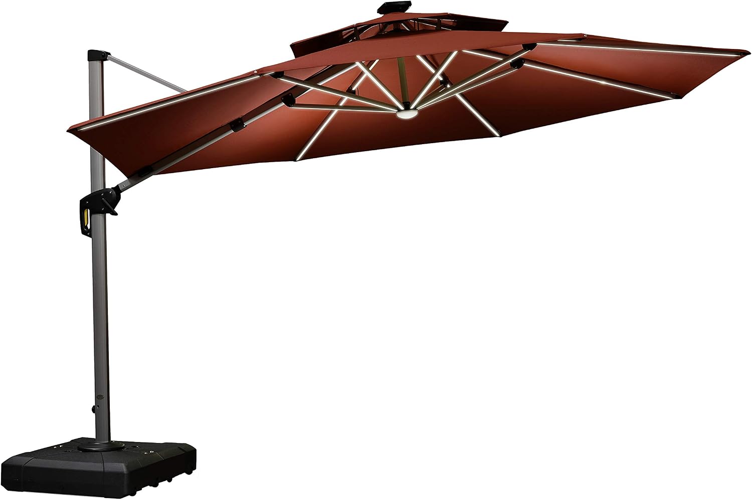 PURPLE LEAF 12ft Solar powered LED Patio Umbrella Outdoor Round Large Cantilever Umbrella with LED lights Windproof for Garden Deck Pool Patio, Brick Red