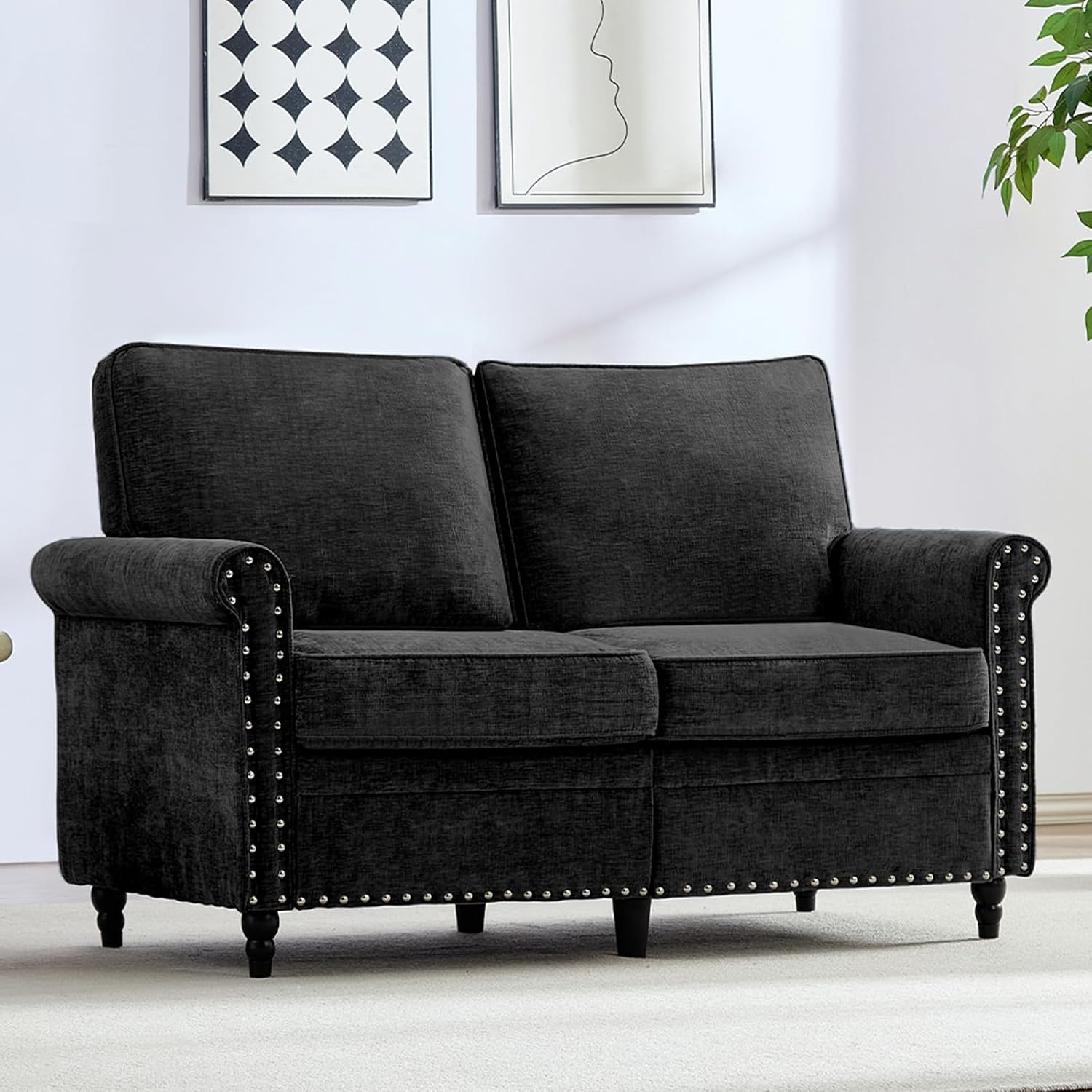 Mjkone 54' Chenille Sofa Couch, Living Room Loveseat Sofa with Wood Frame, Gourd Shape Wood Legs, 6.7' Thickened Soft Cushion, Rivet Design, Mid Century Modern Couch for Small Spaces, Apartment, Black