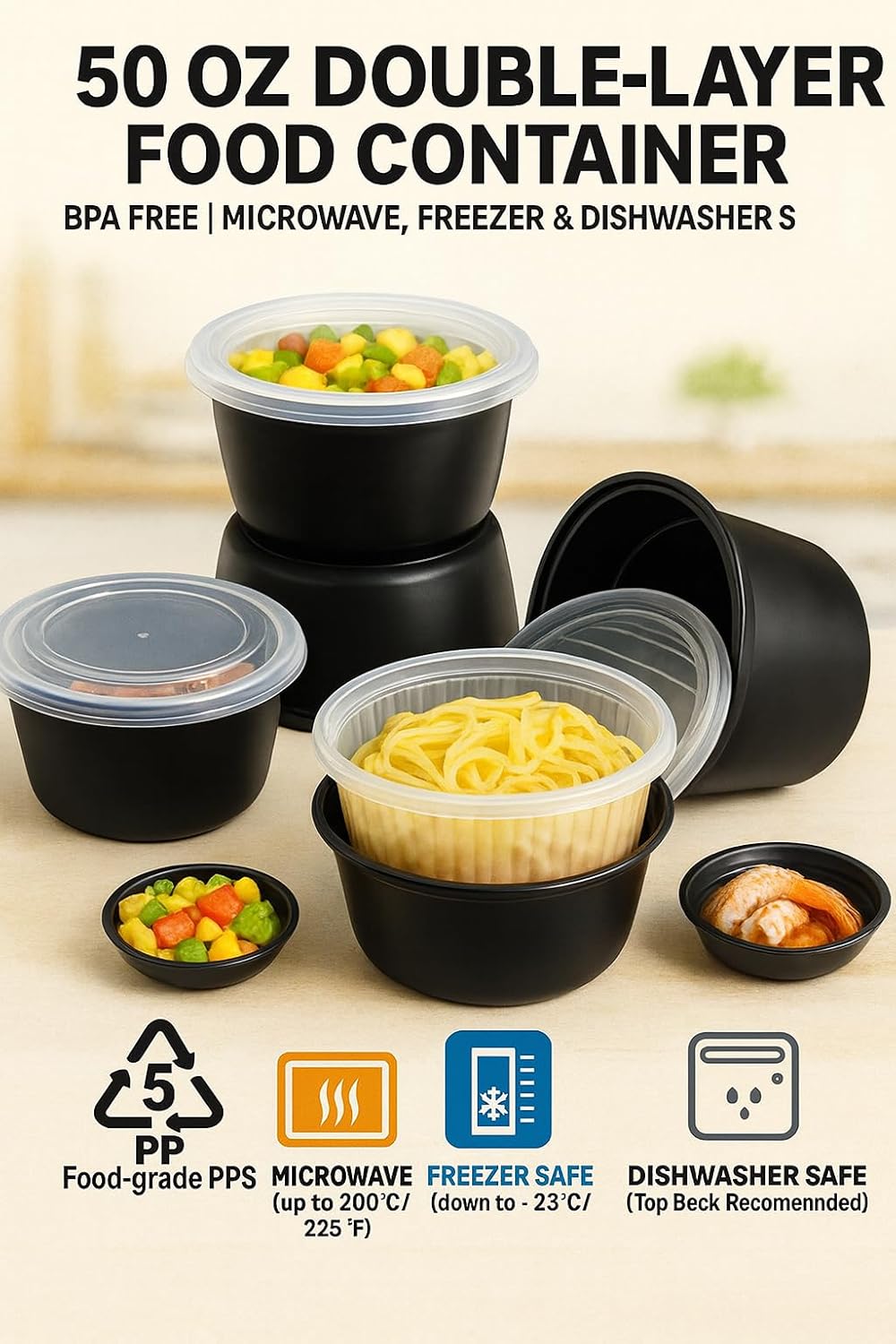 50 oz Disposable Bowls with Lids – Double Layer Soup & Food Containers for Takeout, Salad & Healthy Meal Prep, Microwave & Freezer Safe(150set)