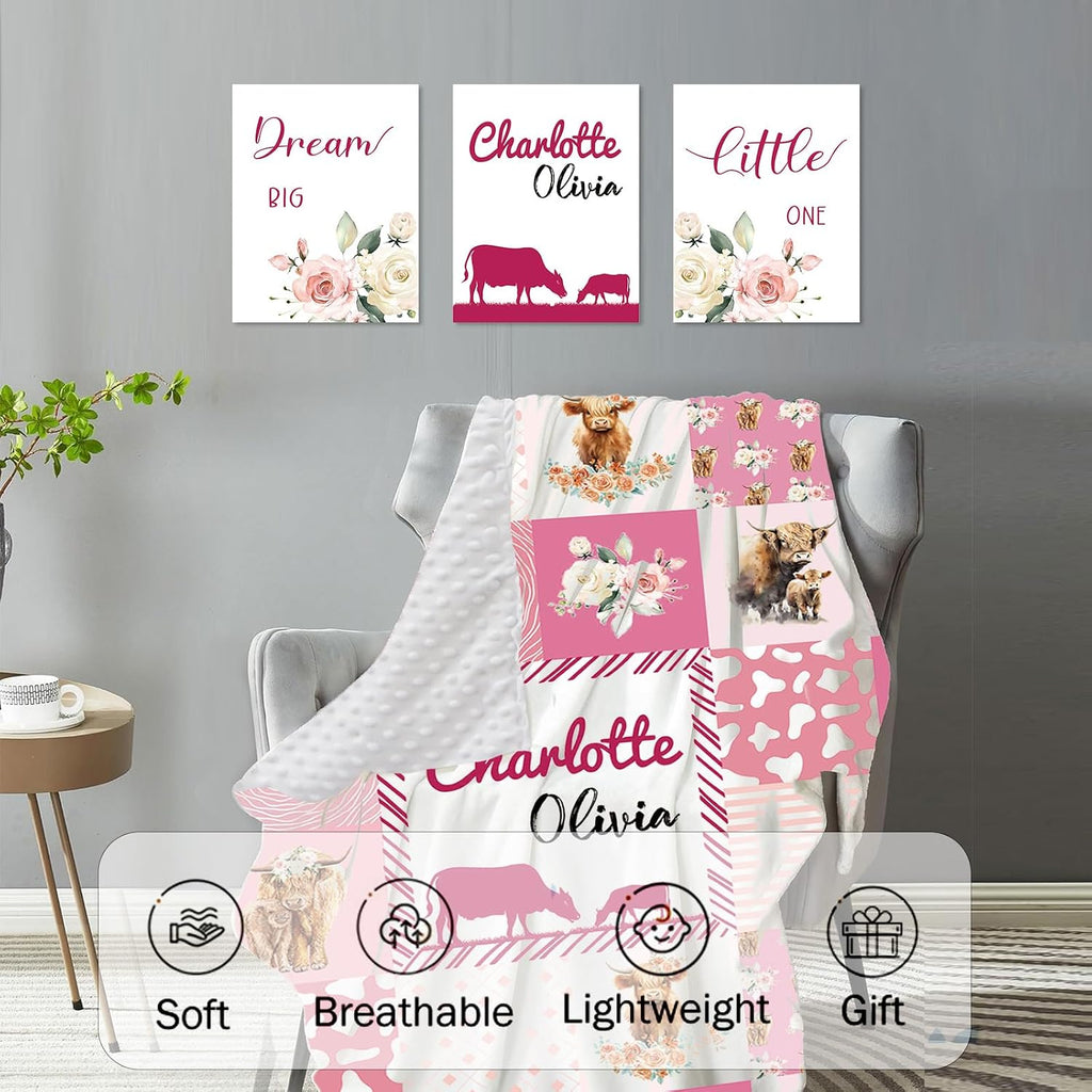 TOOTANN Custom Baby Crib Bedding Set, 5 Pcs Personalized Name Baby Crib Sheets for Kid Toddler Infant, Pink Background Highland Cow Plaid Pattern Nursery Bedding Set