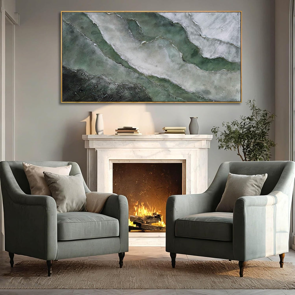 Green and White Textured Landscape Wall Art 24x48 Inch, Large Framed Canvas Artwork with Wood Frame, Abstract Nature Wall Decor for Living Room or Entryway