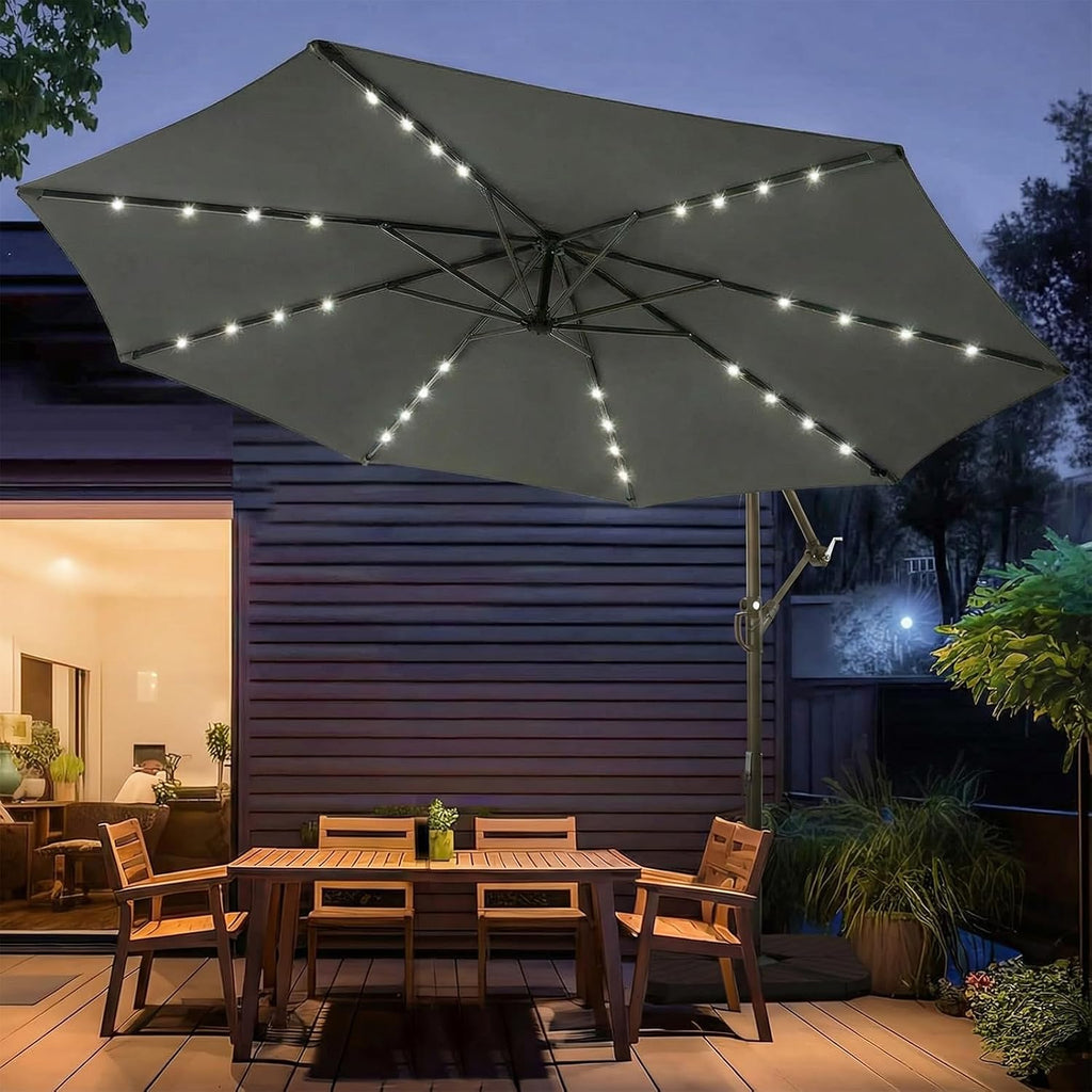 wikiwiki 10ft Solar LED Patio Umbrella with Base Included, Offset Umbrella with Weighted Sandbag Base, Cantilever Patio Umbrella for Backyard, Garden & Deck, 32 LED Lights & Polyester Shade, Dark Gray