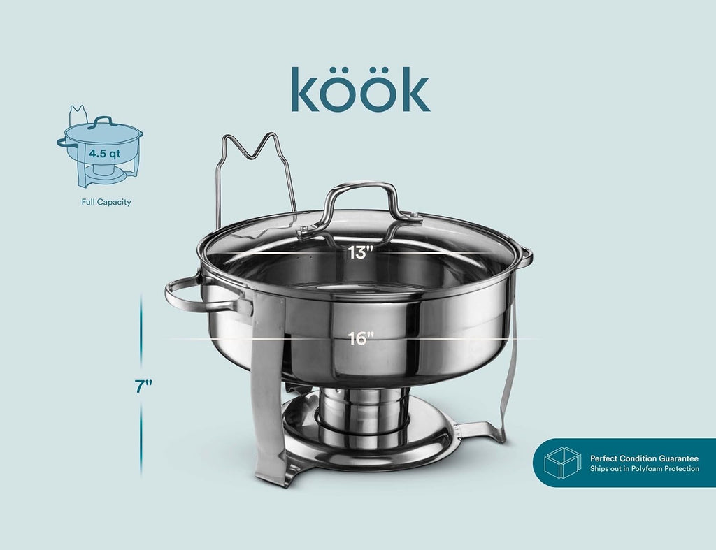 Chafing Dish for Buffet Set, by Kook, Chafing Buffet, Buffet Warmer Tray, Round, Stainless Steel with Glass Viewing Lid and Built-in Lid Holder, for Parties, Dinners and Catering, 4.5 Qt, Set of 3