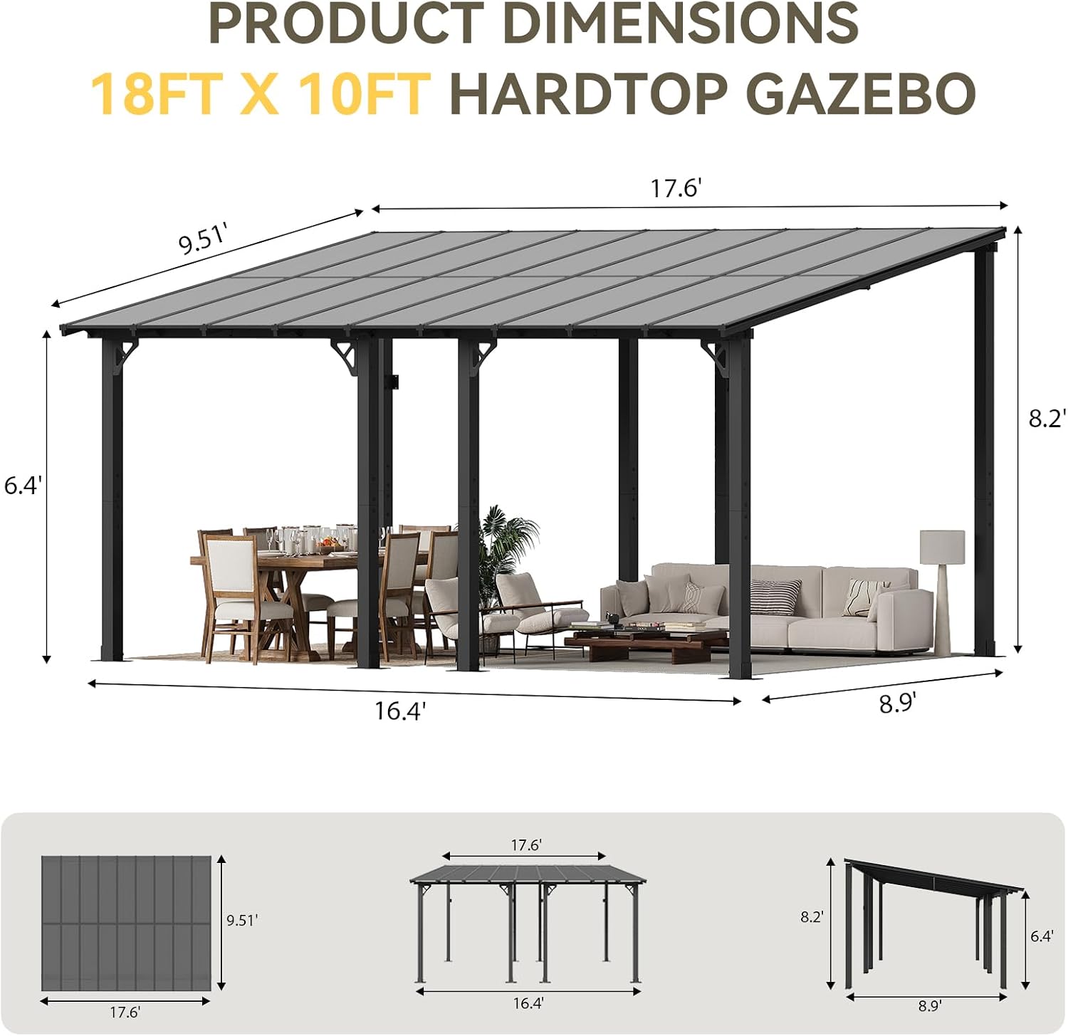 Aoxun 18' x 10' Pergola for Patio, Gazebo with Sloped Roof, Grill Pergola Large Wall-Mounted Heavy Duty Awnings, for Backyard, Deck, Patio
