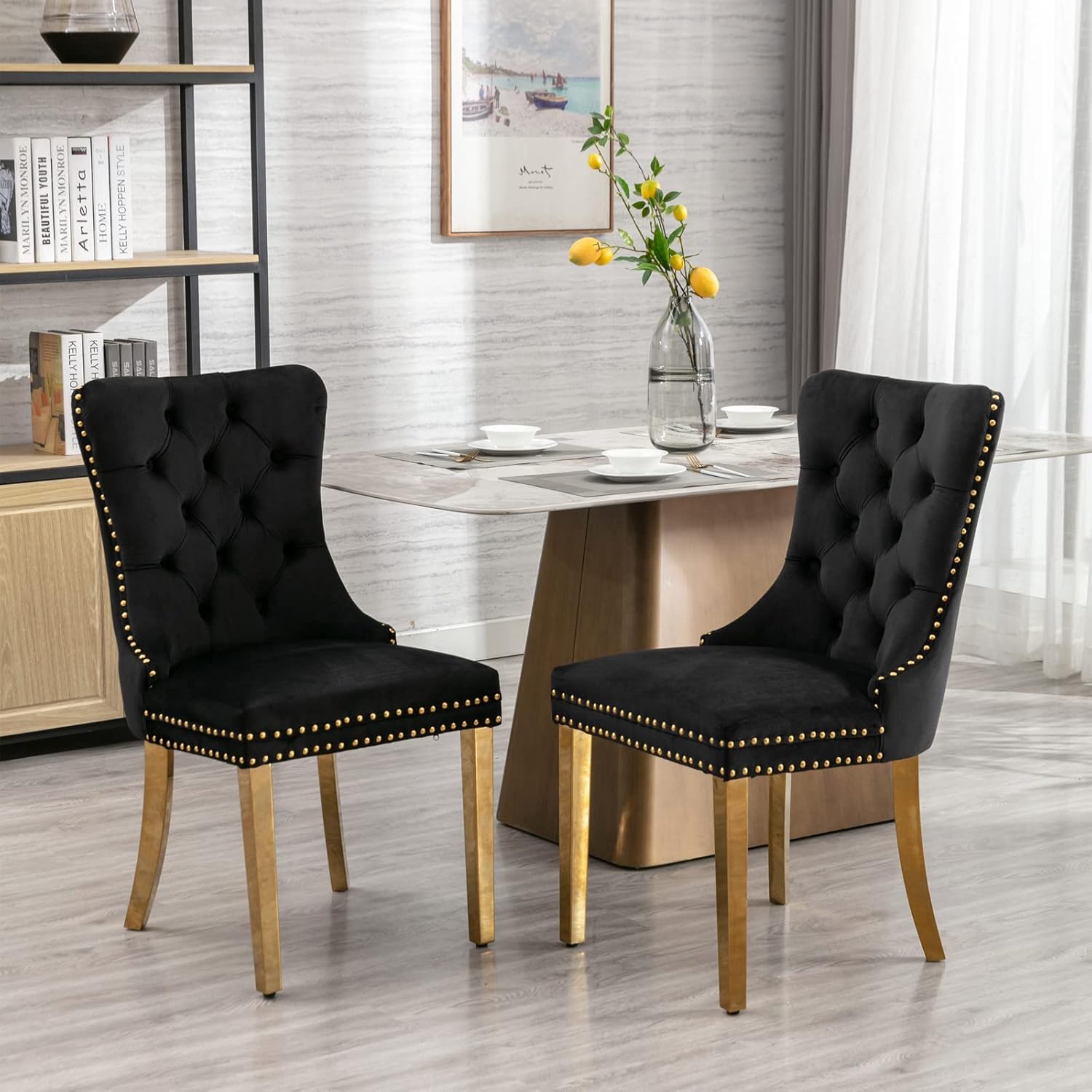 2 Piece Contemporary Velvet Upholstered Dining Chair with Chrome Stainless Steel Plating Legs, Nail Head Decro, Armless Tufted Dining Chair Fabric Dining Room Chair (Black&Gold, Set of 2)
