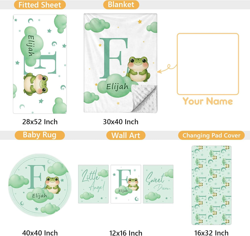 Terwex 5 Piece Customized Crib Bedding Set for Baby Boys - Custom Name Baby Crib Green Frog Nursery Bedding Set with Soft Blanket, Fitted Sheet, Rug, Personalized Gifts for Toddler, Newborn, Infant