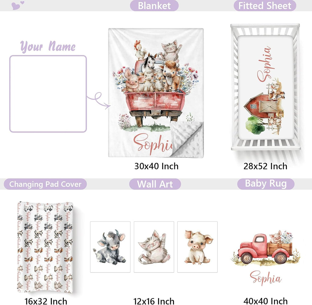 Personalized Baby Crib Bedding Set, 5 Pcs Custom Name Nursery Bedding Set for Girls Boys, Cute Farm Animals Baby Crib Set for Toddlers Infants, Double Layer Bedding Crib Sets Customized Gifts