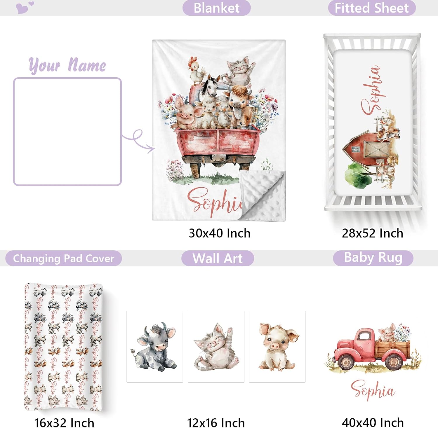 Personalized Baby Crib Bedding Set, 5 Pcs Custom Name Nursery Bedding Set for Girls Boys, Cute Farm Animals Baby Crib Set for Toddlers Infants, Double Layer Bedding Crib Sets Customized Gifts