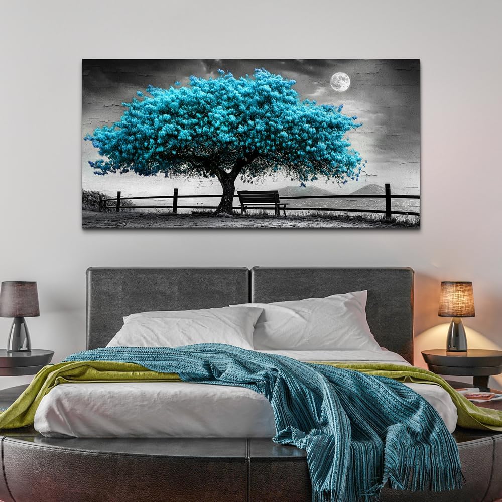 KELIYUAN Canvas Blue Tree Painting Wall Art Home Decoration Large Size Black And White Suitable For Living Room Office Bedroom Wall Decoration Printed Painting Modern Can Be Hung Directly 30x60 In