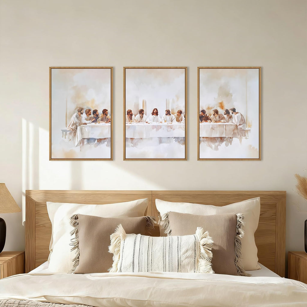 KAIRNE Jesus Last Supper Framed Canvas Wall Art Set, Christian Twelve Apostle Wall Decor, Bible Renaissance wall Painting, Religious Picture Art Print for Living Room, Bedroom, Church-24 x36 x3