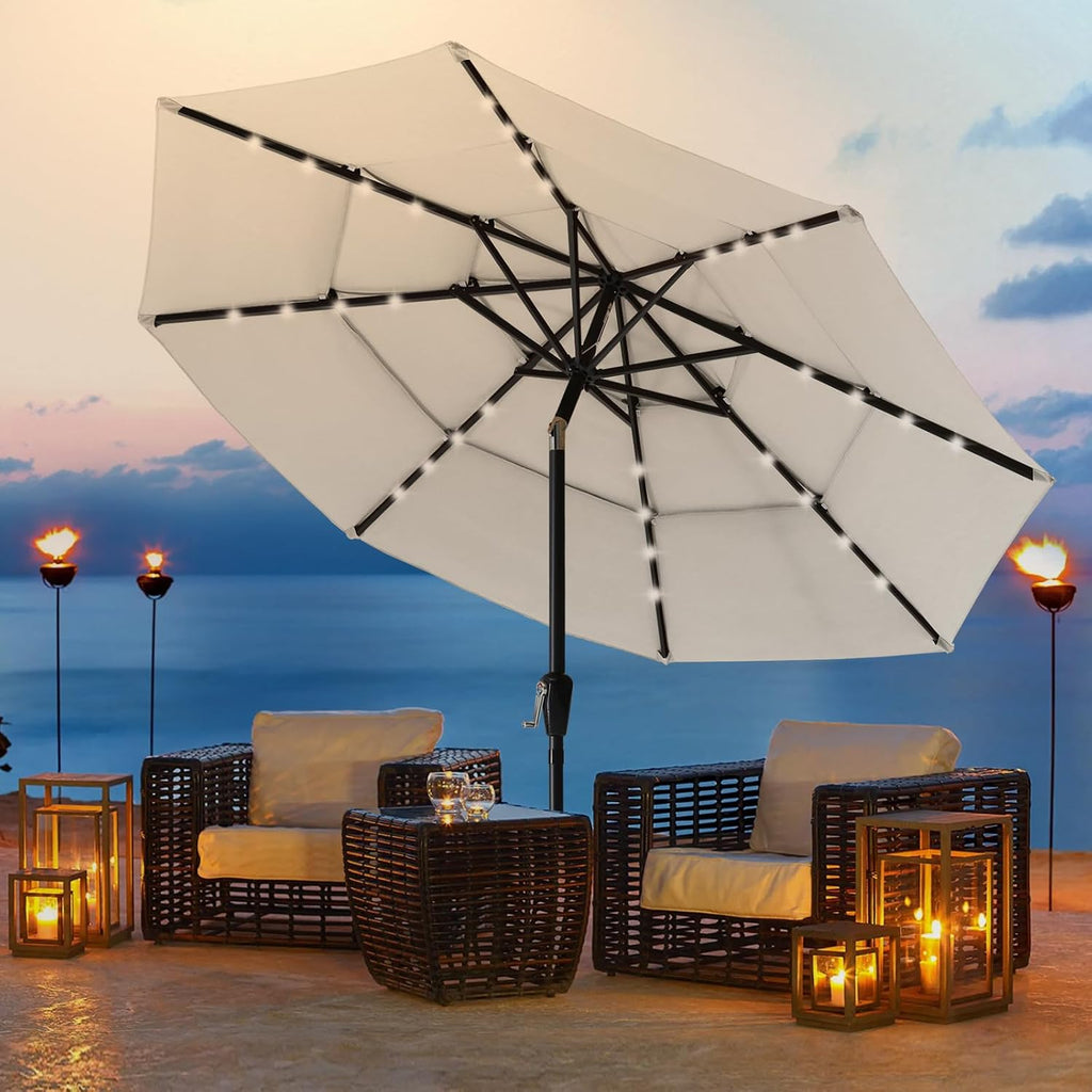 ABCCANOPY 3-Tiers 11FT Solar Patio Umbrella, Outdoor Umbrella with 32 LED Lights for for Deck, Pool, Garden, Backyard (Light Beige)