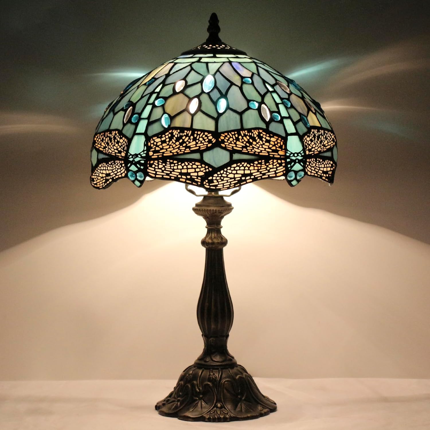 Tiffany Lamp Touch Control Table Lamp Sea Blue Stained Glass Desk Lamp 12X12X19 Inches Dragonfly Style Reading Light