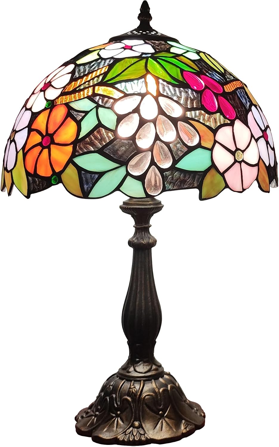 Tiffany 3-Color Stained Glass Lamp - Vintage Beside Reading Lamp, 12 inch Living Room Light, Flowers Style Antique Nightstand Light (Grapes Flowers)