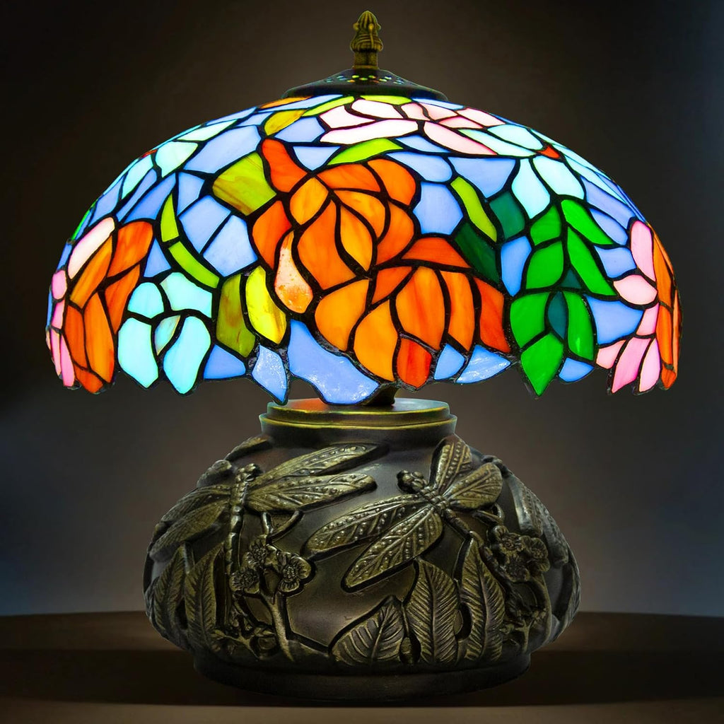 Tiffany Table Lamp,12 Inch Stained Glass Table Lamp,Mushroom Style Vintage Desk Lights Included E26 LED with Remote Control for Bedside,Bedroom,Living Room(Leaf Wisteria)