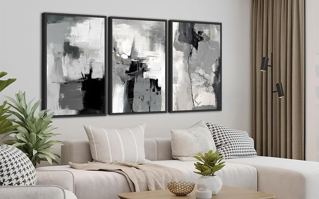Large Framed Canvas Wall Art - Retro Grey Graffiti Pictures for Living Room Rustic Abstract Wall Decor Vintage Prints for Bedroom Dinning Room Black Float Framed 24' X 36' X 3 pcs
