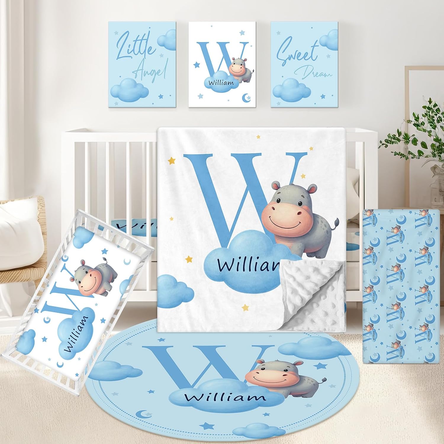 KAINSY Custom Crib Bedding Set, 5 Pcs Personalized Name Monogram Baby Crib Sets for Infants Toddlers, Blue Hippo Nursery Bedding Set for Boys Girls, Double Layer Baby Bedding Sets Customized Gifts