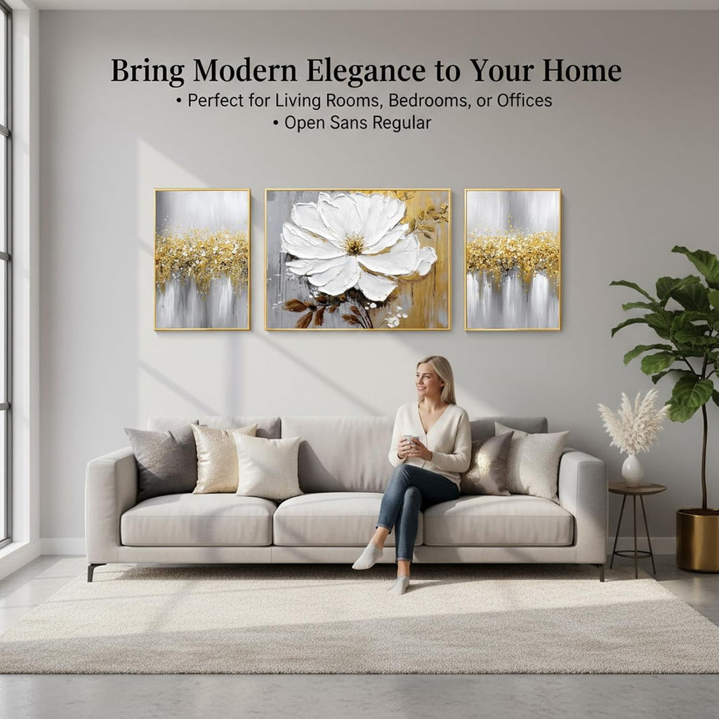 Hand-Painted Floral Canvas Oil Painting for Living Room,Framed 3D Gold and White Abstract Wall Art for Bedroom, Large 3 Pieces Flowerl Wall Painting for Office Kitchen Bathroom Home Decor 24x64 inches