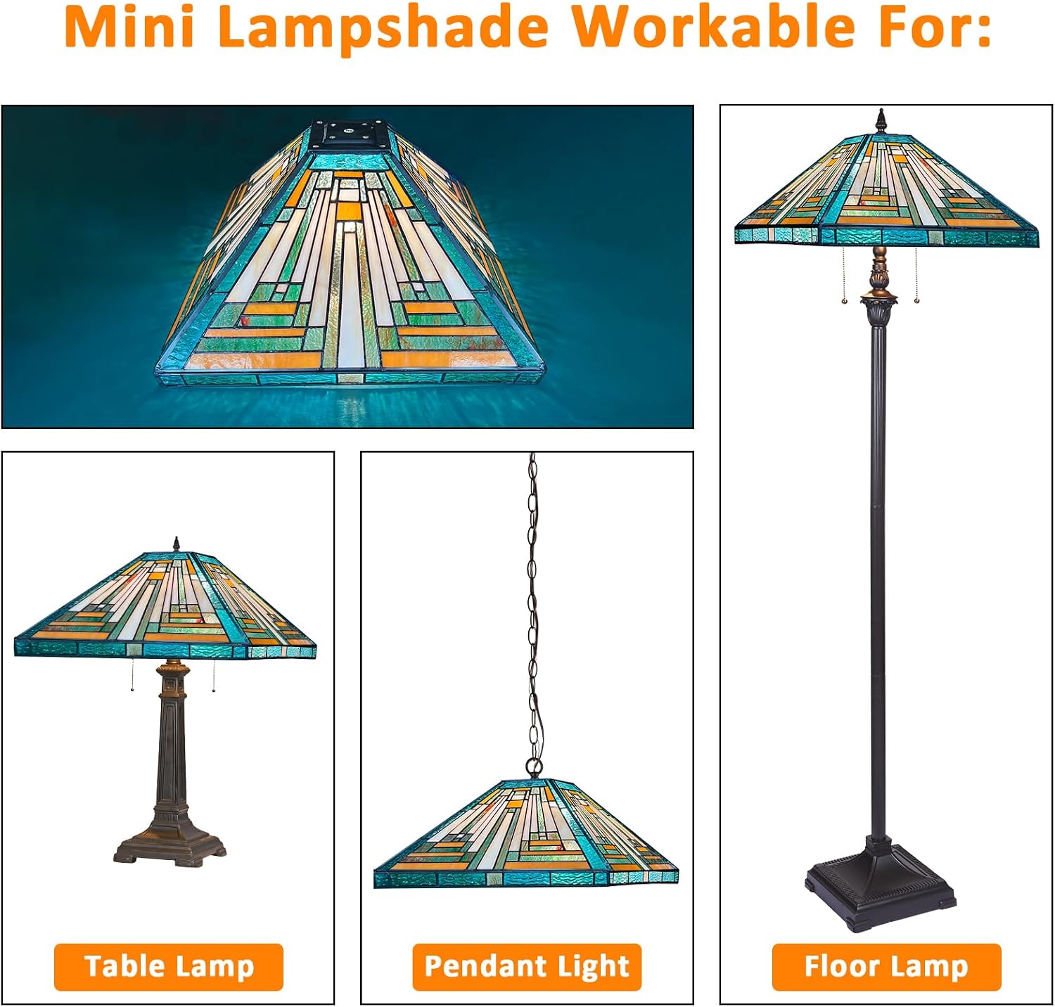 Capulina Tiffany Lamp Shade 16 Inches Wide Accessories Replacement Amber Green Style Stained Glass Lampshade for Table Lamp Floor Lamp