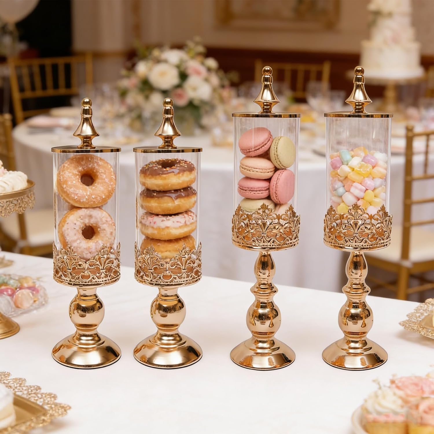 Candy Jars with Lids,4 PCS Gold Metal Sugar Bowl Holder Set,Candy Dish Buffet Storage Container Dessert Snack Biscuit Table Decor Stands for Home Wedding Party