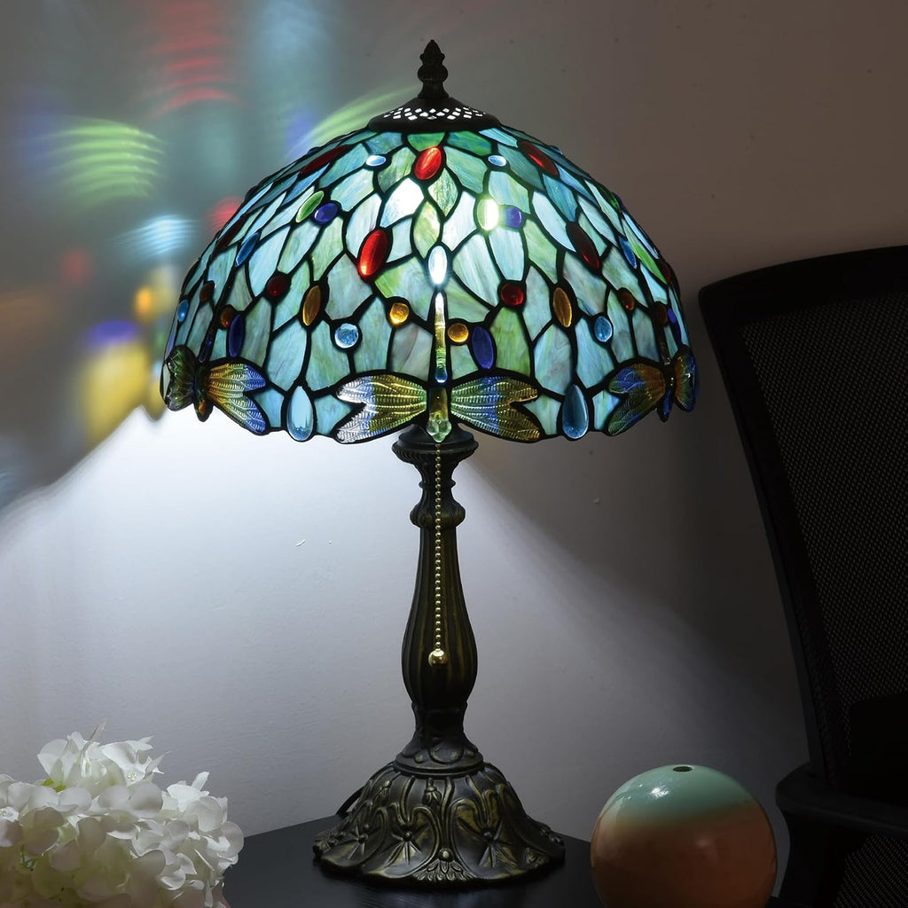 Tiffany Style Stained Glass Table Lamp 12-inch Dia Ocean Blue Dragonfly Design Lampshade Vintage Nightstand Light for Bedroom Dorm Living Hallway Cottage Office Cafe Ceremony Housewarming Gift