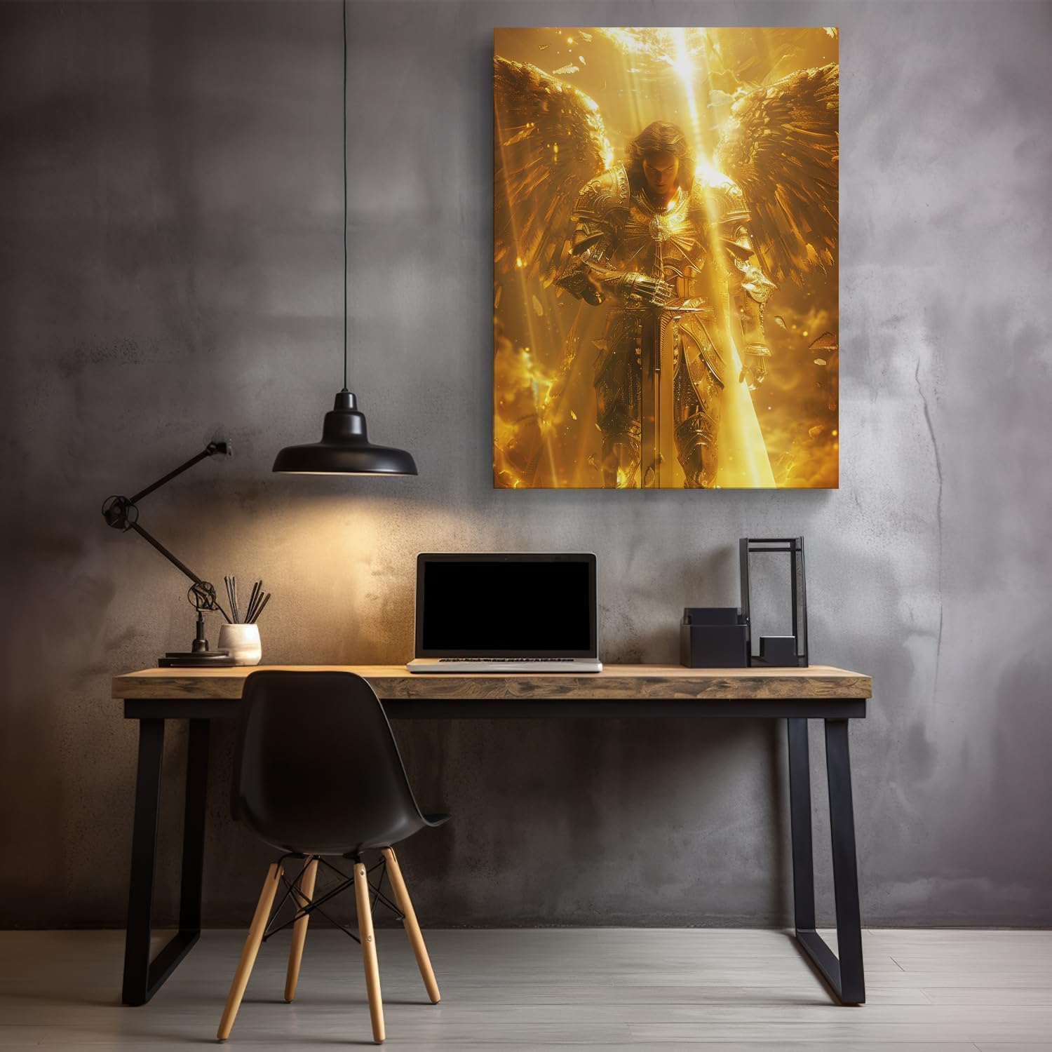 vandlife Bible Stories Canvas Wall Art Heavenly Guardian Archangel Michael Wearing Golden Armor Painting Framed Religious Tranquility Prints for Home Office Decor 36x48in